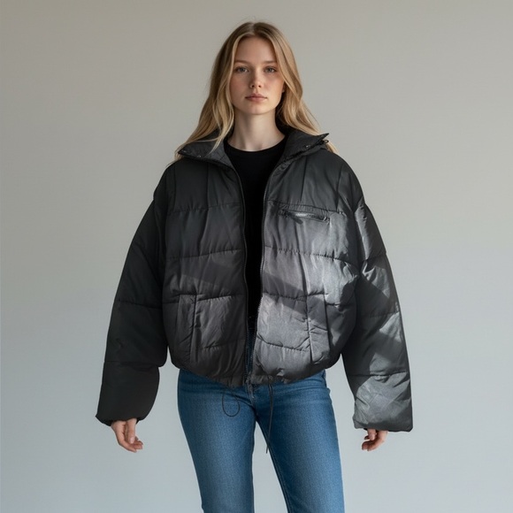 Urban Outfitters Black Hooded Cropped Puffer Jacket | Cozy Winter Coat Small - Picture 4 of 4